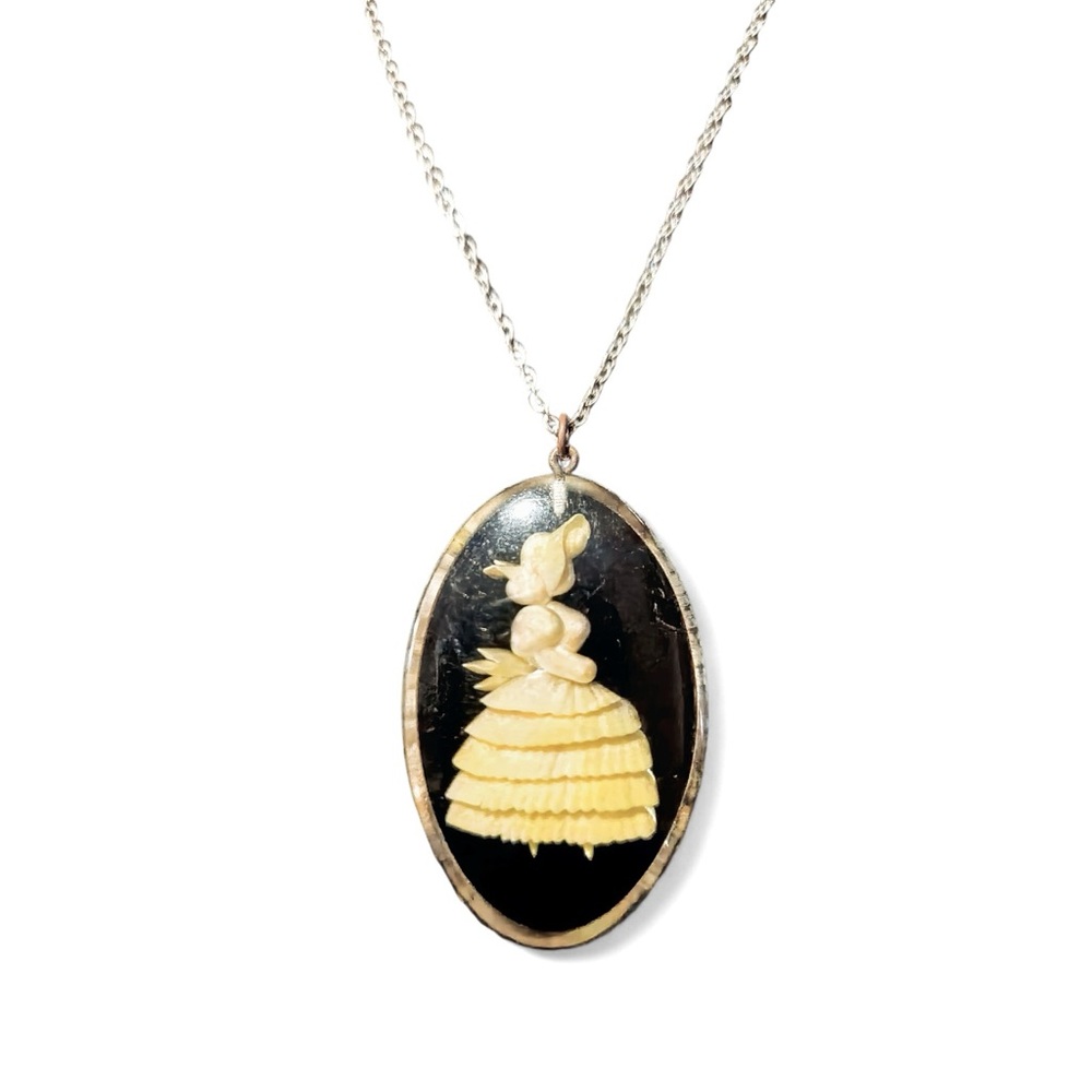 Vintage Black Yellow Lucite Pendant of Maiden Portrait & Silver Tone Chain